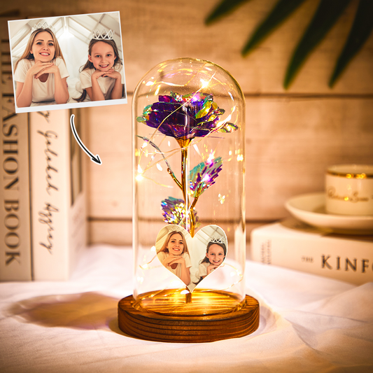 Custom Heart-Shaped Photo Colourful Simulation Eternal Rose Flower LED Night Light in Glass Dome - Romantic Gift for Home Decor, Valentine's Day, Mother's Day