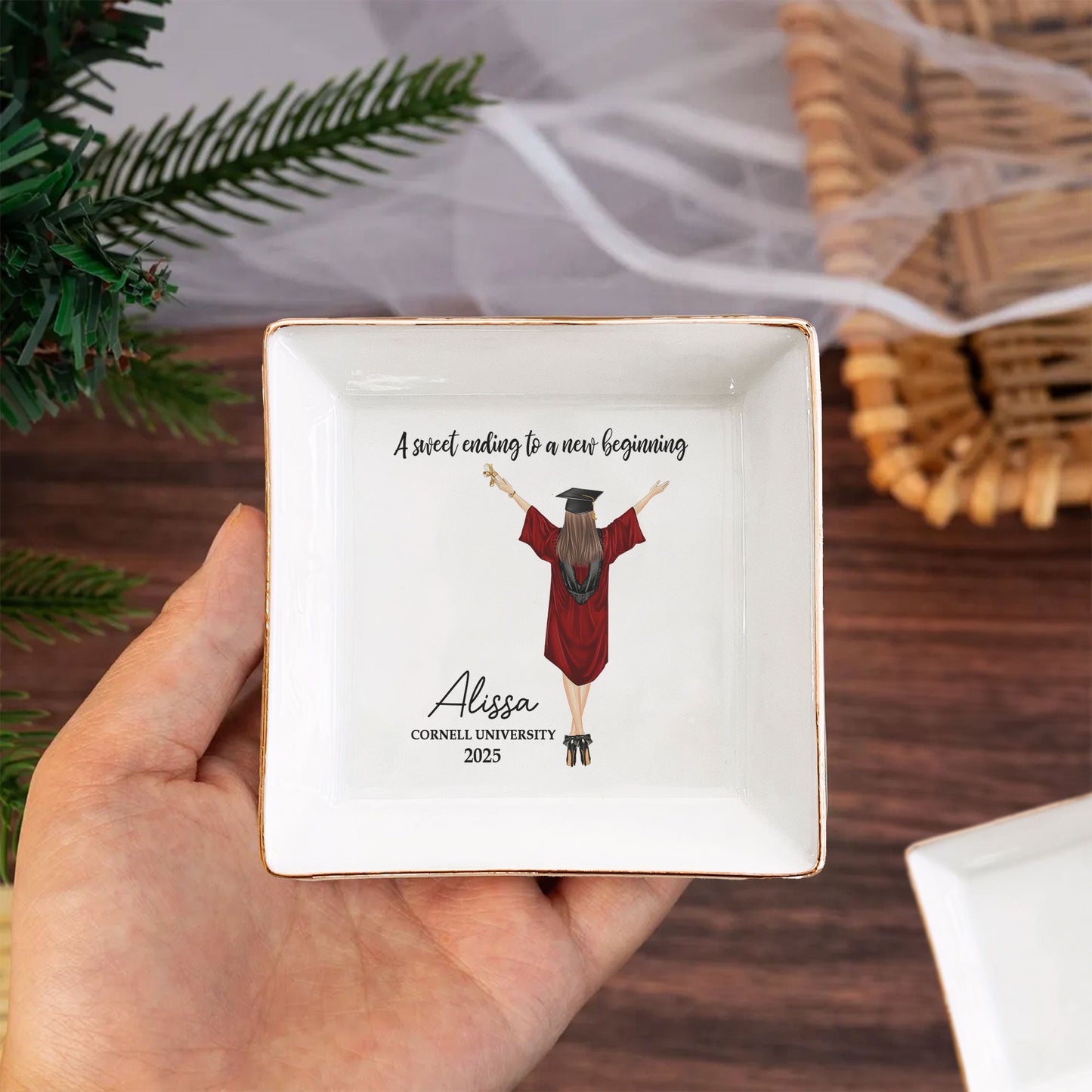 a sweet ending to a new beginning - personalized jewelry dish - graduation gift for her