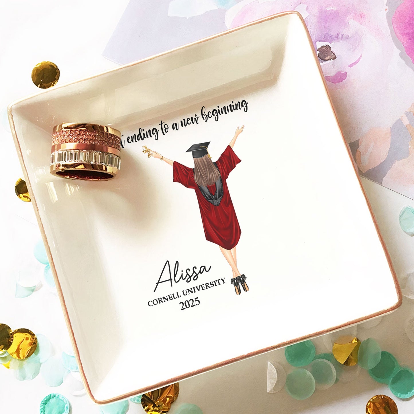 a sweet ending to a new beginning - personalized jewelry dish - graduation gift for her