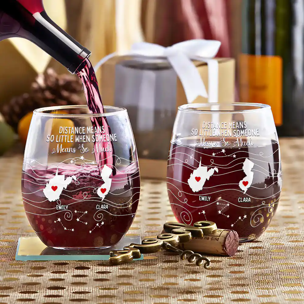 long distance family bestie never too far to drink stemless wine glass - thoughtful gift for family, friends, birthdays, anniversaries, mother's day, father's day