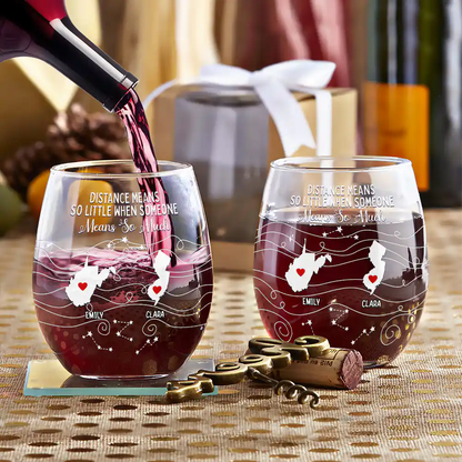 Long Distance Family Bestie Never Too Far To Drink Stemless Wine Glass - Thoughtful Gift for Family, Friends, Birthdays, Anniversaries, Mother's Day, Father's Day