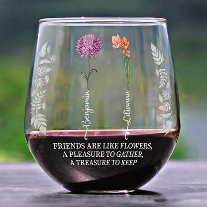 Birth Flower Grow An Old Friend Bestie Stemless Wine Glass - Unique Gift for Friends, Sisters, or Colleagues, 15oz Drinking Glass for Celebrations and Special Occasions