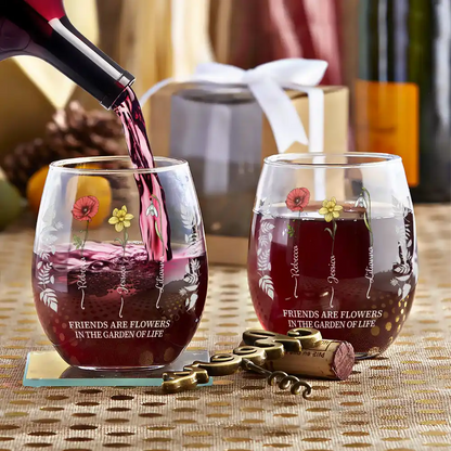 Birth Flower Grow An Old Friend Bestie Stemless Wine Glass - Unique Gift for Friends, Sisters, or Colleagues, 15oz Drinking Glass for Celebrations and Special Occasions