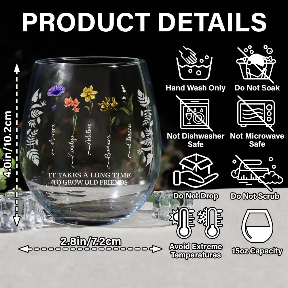 birth flower grow an old friend bestie stemless wine glass - unique gift for friends, sisters, or colleagues, 15oz drinking glass for celebrations and special occasions