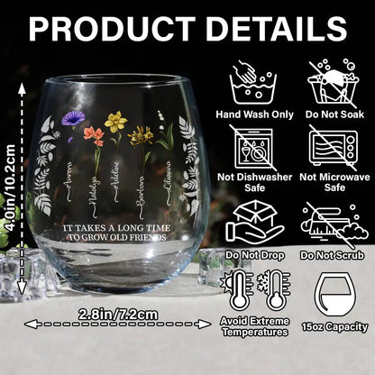 Birth Flower Grow An Old Friend Bestie Stemless Wine Glass - Unique Gift for Friends, Sisters, or Colleagues, 15oz Drinking Glass for Celebrations and Special Occasions