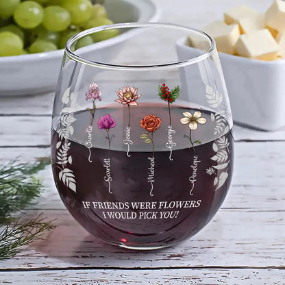 Birth Flower Grow An Old Friend Bestie Stemless Wine Glass - Unique Gift for Friends, Sisters, or Colleagues, 15oz Drinking Glass for Celebrations and Special Occasions