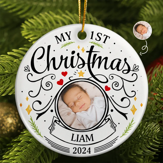 Custom Photo Baby First Christmas Parents Ceramic Ornament - Personalised Circle Keepsake for New Parents, Unique Holiday Decoration, Ideal Gift for Christmas & Celebrations