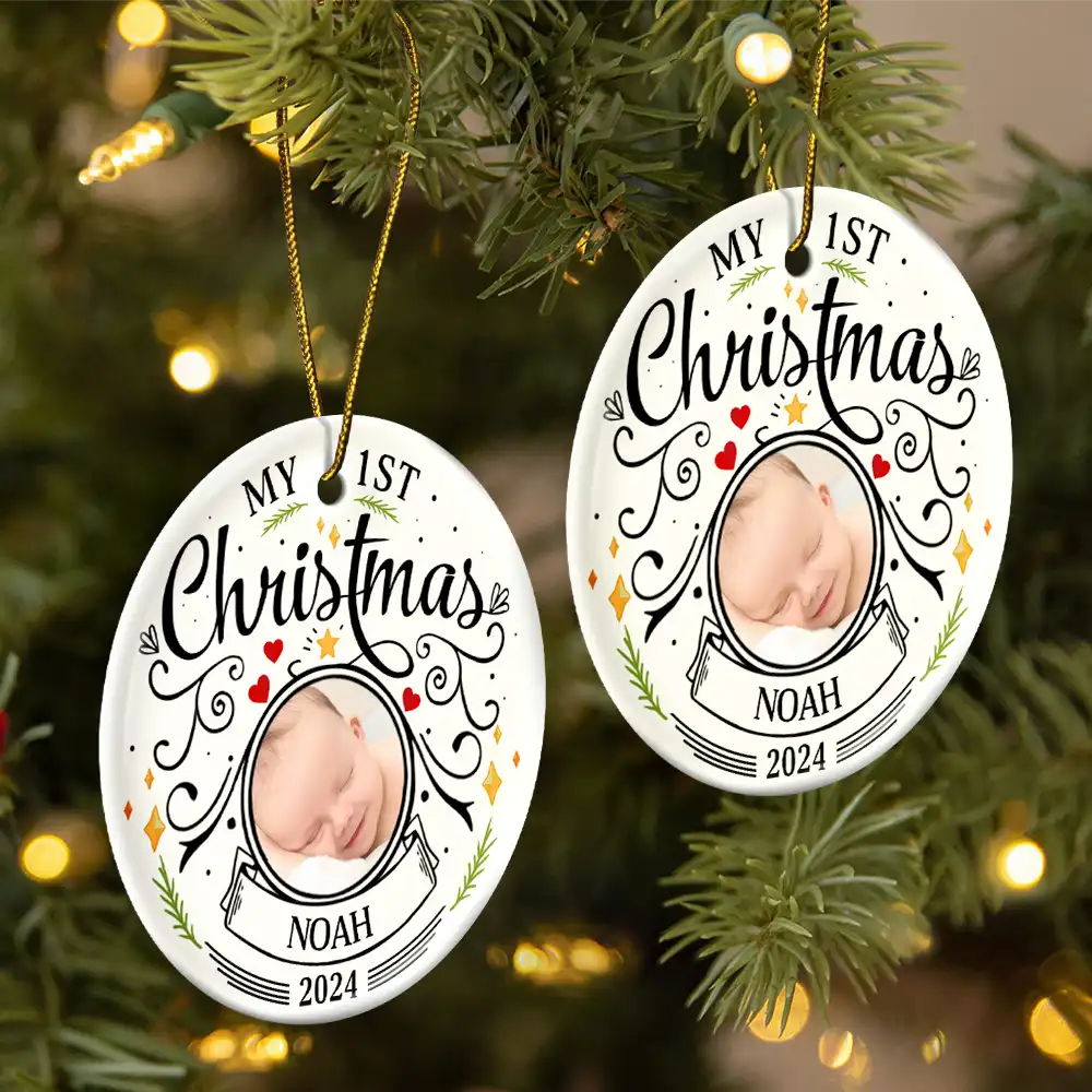 custom photo baby first christmas parents ceramic ornament - personalised circle keepsake for new parents, unique holiday decoration, ideal gift for christmas & celebrations