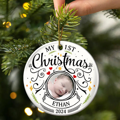 Custom Photo Baby First Christmas Parents Ceramic Ornament - Personalised Circle Keepsake for New Parents, Unique Holiday Decoration, Ideal Gift for Christmas & Celebrations
