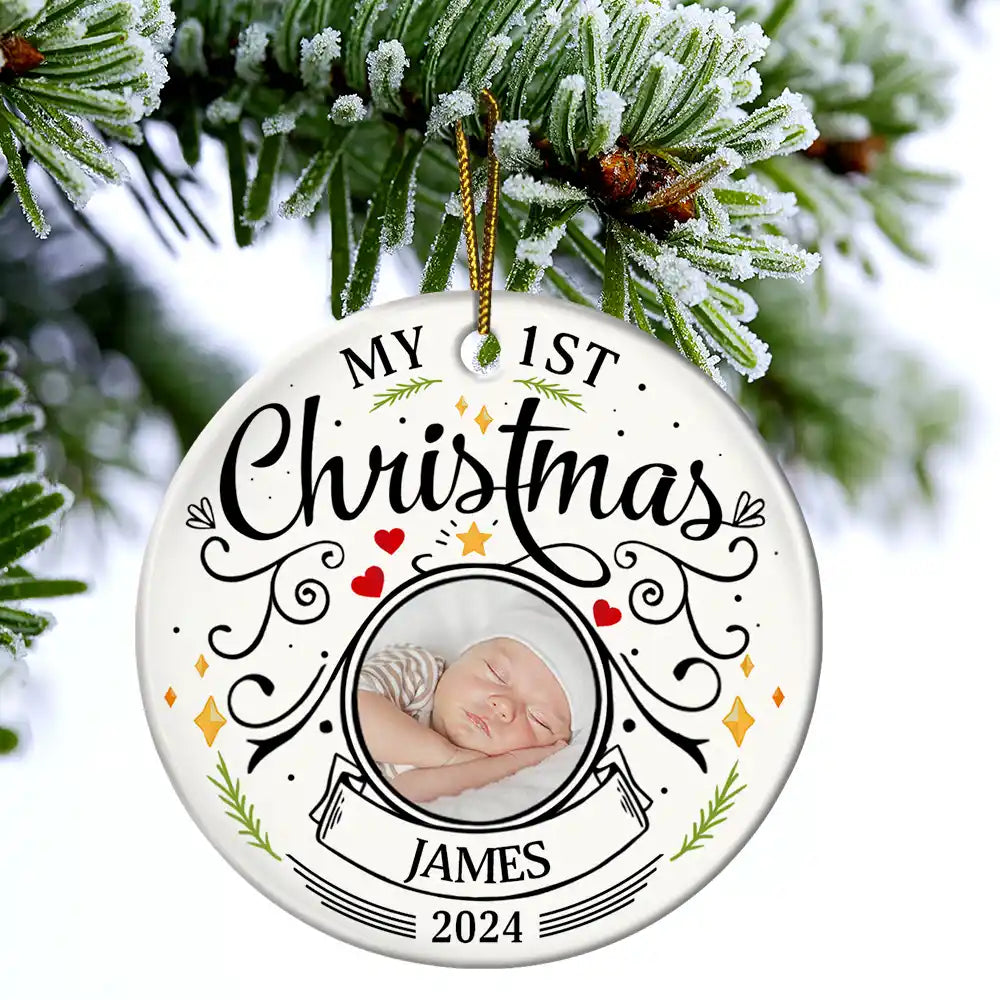 custom photo baby first christmas parents ceramic ornament - personalised circle keepsake for new parents, unique holiday decoration, ideal gift for christmas & celebrations