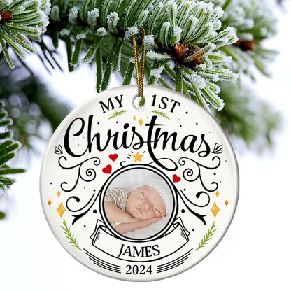 Custom Photo Baby First Christmas Parents Ceramic Ornament - Personalised Circle Keepsake for New Parents, Unique Holiday Decoration, Ideal Gift for Christmas & Celebrations