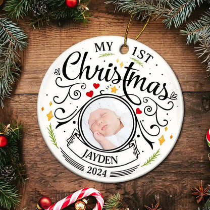 Custom Photo Baby First Christmas Parents Ceramic Ornament - Personalised Circle Keepsake for New Parents, Unique Holiday Decoration, Ideal Gift for Christmas & Celebrations