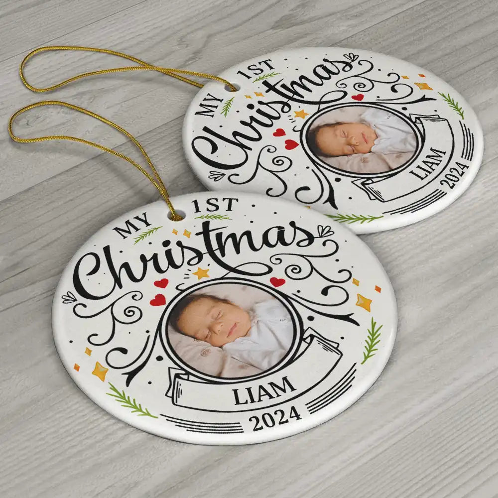 custom photo baby first christmas parents ceramic ornament - personalised circle keepsake for new parents, unique holiday decoration, ideal gift for christmas & celebrations