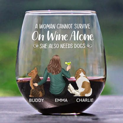 A Woman Cannot Survive On Wine Alone Dog Mom Stemless Wine Glass - Ideal Gift For Pet Lovers, Mothers, Dog Moms, Perfect For Home Bar, 15oz Capacity