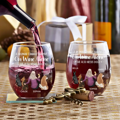 A Woman Cannot Survive On Wine Alone Dog Mom Stemless Wine Glass - Ideal Gift For Pet Lovers, Mothers, Dog Moms, Perfect For Home Bar, 15oz Capacity