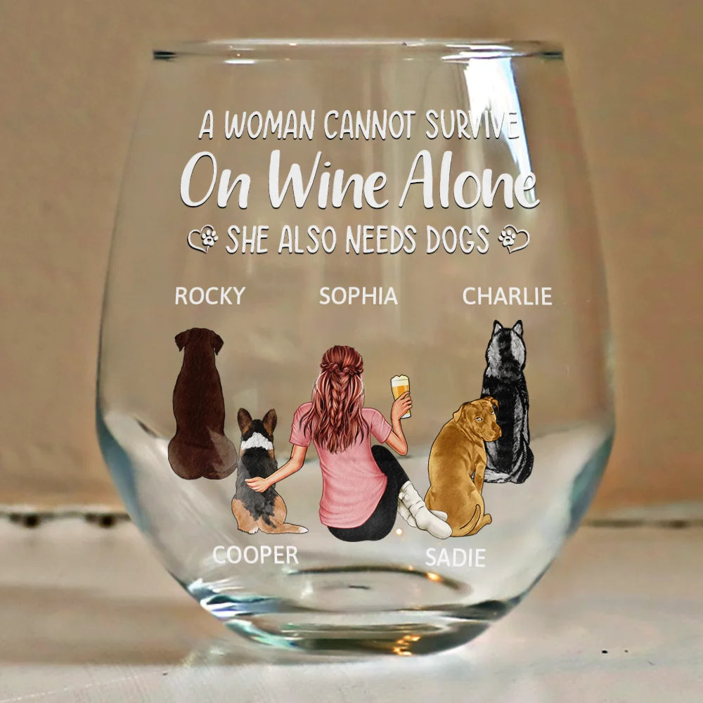 a woman cannot survive on wine alone dog mom stemless wine glass - ideal gift for pet lovers, mothers, dog moms, perfect for home bar, 15oz capacity