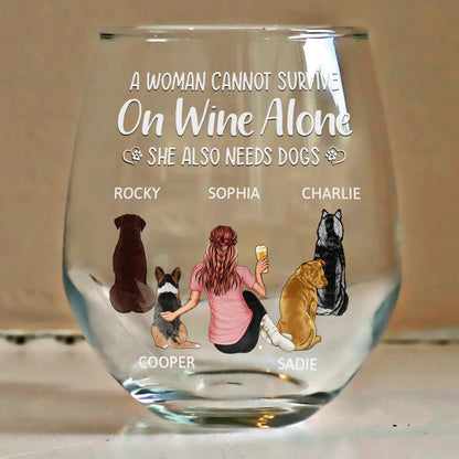 A Woman Cannot Survive On Wine Alone Dog Mom Stemless Wine Glass - Ideal Gift For Pet Lovers, Mothers, Dog Moms, Perfect For Home Bar, 15oz Capacity