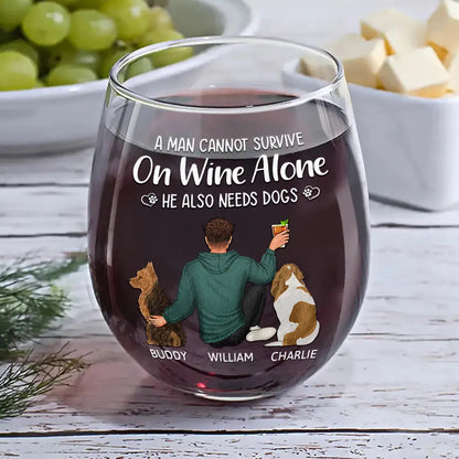A Woman Cannot Survive On Wine Alone Dog Mom Stemless Wine Glass - Ideal Gift For Pet Lovers, Mothers, Dog Moms, Perfect For Home Bar, 15oz Capacity