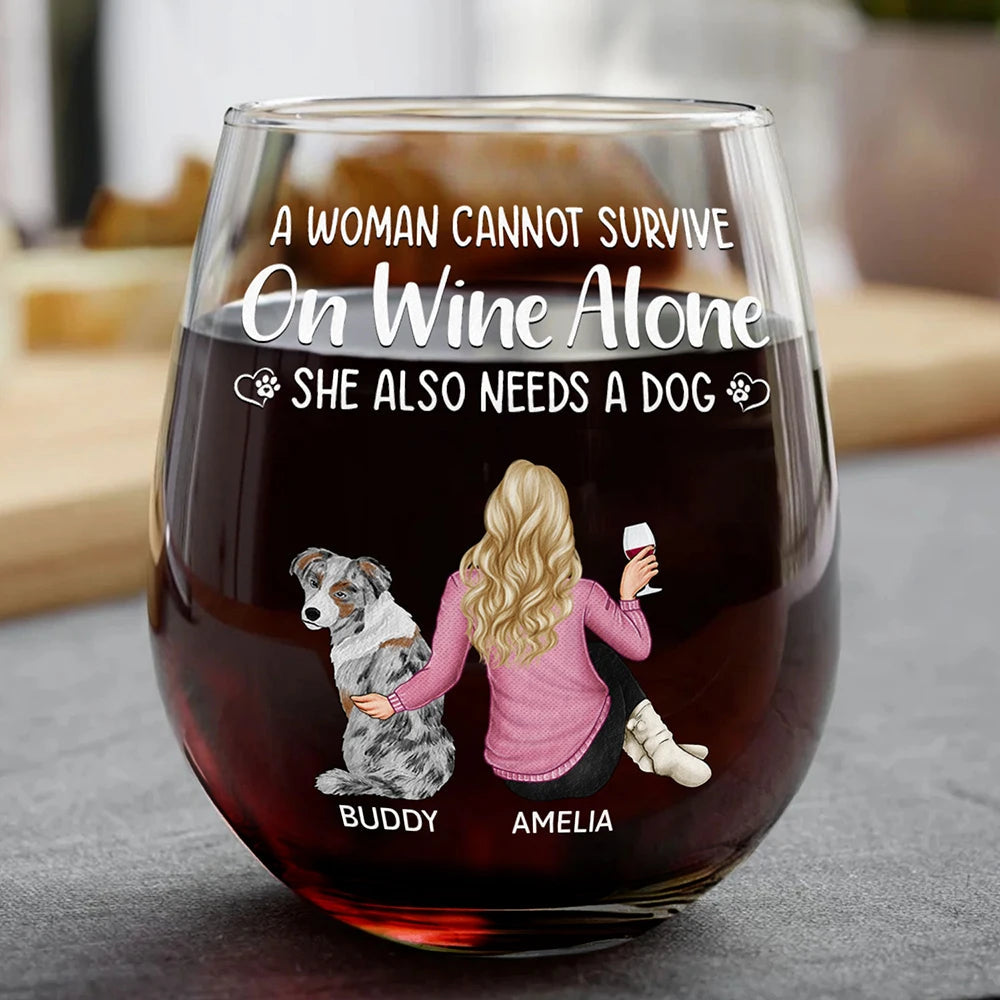 a woman cannot survive on wine alone dog mom stemless wine glass - ideal gift for pet lovers, mothers, dog moms, perfect for home bar, 15oz capacity