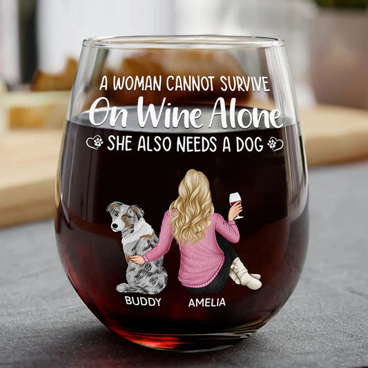 A Woman Cannot Survive On Wine Alone Dog Mom Stemless Wine Glass - Ideal Gift For Pet Lovers, Mothers, Dog Moms, Perfect For Home Bar, 15oz Capacity