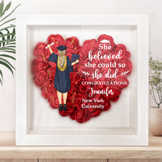 She Believed She Could - Graduation Gift, Flower Shadow Box for Friends, Home Decor, Personalised Keepsake, Eco-Friendly Wood Frame, Unique Design, Perfect for Mom or Special Women