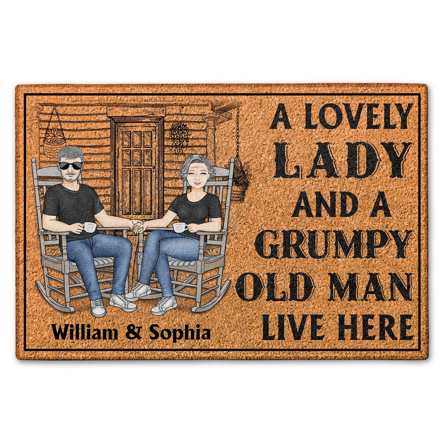 family couple a lovely lady and a grumpy old man live here doormat - funny couple gift for home entryway - non-slip rubber base, plush velour
