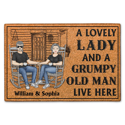 Family Couple A Lovely Lady And A Grumpy Old Man Live Here Doormat - Funny Couple Gift For Home Entryway - Non-Slip Rubber Base, Plush Velour