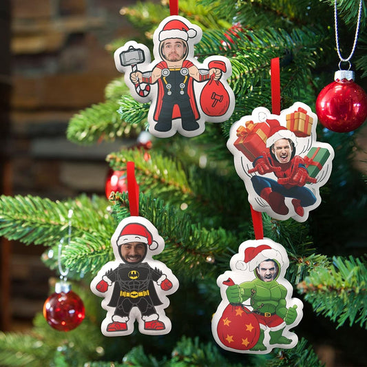 Custom Super Hero Decorations Personalized Face Christmas Hanging Decoration Superhero Decor Set for Kids and Adults, Fun Plush Tree Ornaments for Holiday Celebration