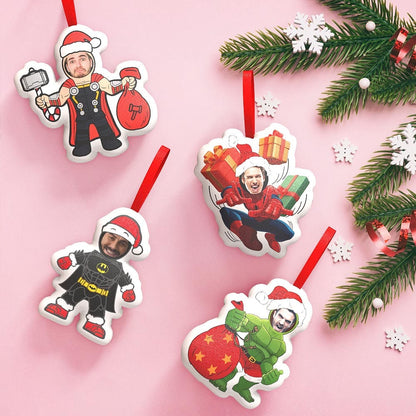 Custom Super Hero Decorations Personalized Face Christmas Hanging Decoration Superhero Decor Set for Kids and Adults, Fun Plush Tree Ornaments for Holiday Celebration