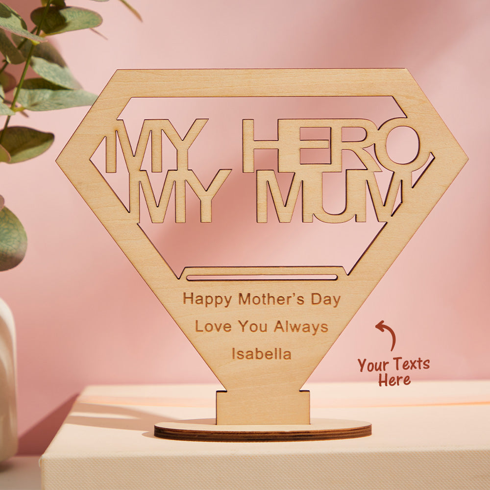 custom engraverd ornament creative diamond wooden gifts for mum - personalised wooden keepsake with my hero my mum cutout design
