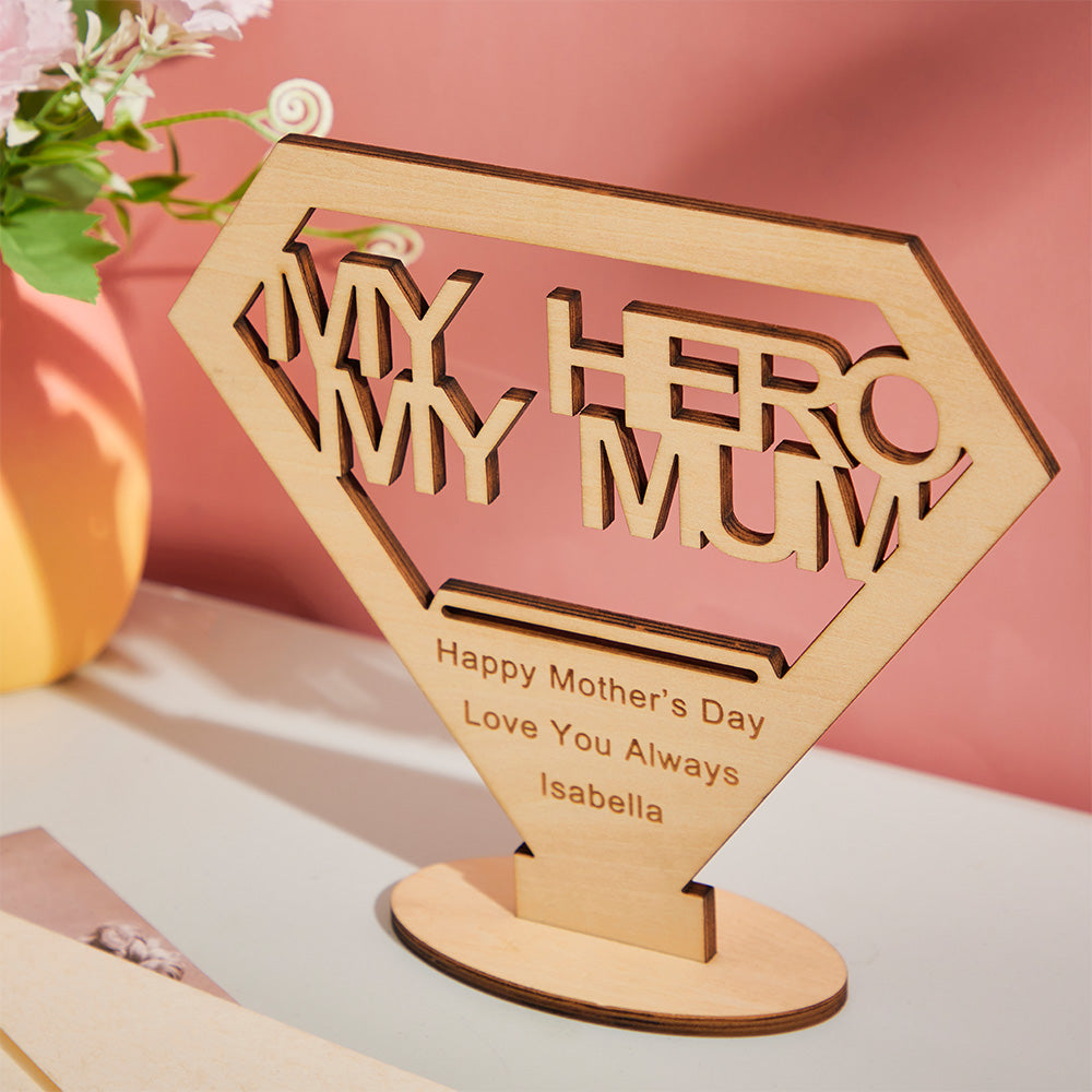 custom engraverd ornament creative diamond wooden gifts for mum - personalised wooden keepsake with my hero my mum cutout design