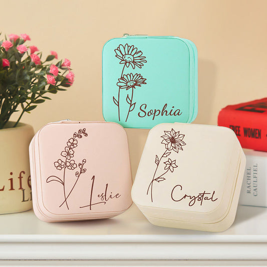Personalized Birth Flower Jewelry Box Custom Organizer Gift for Her