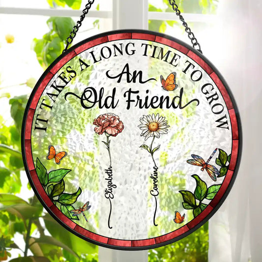 Birth Flower Grow An Old Friend - Stained Glass Suncatcher Window Hanging Ornament for Friends, Sisters, and Colleagues
