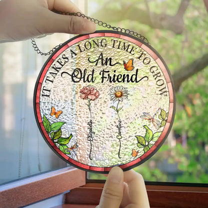 Birth Flower Grow An Old Friend - Stained Glass Suncatcher Window Hanging Ornament for Friends, Sisters, and Colleagues