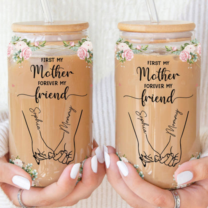 Personalized Clear Glass Cup - First My Mother Forever My Friend Tumbler with Lid and Straw, Gift for Mum, Daughter, Grandma, Vintage Glass Drinkware for Special Occasions