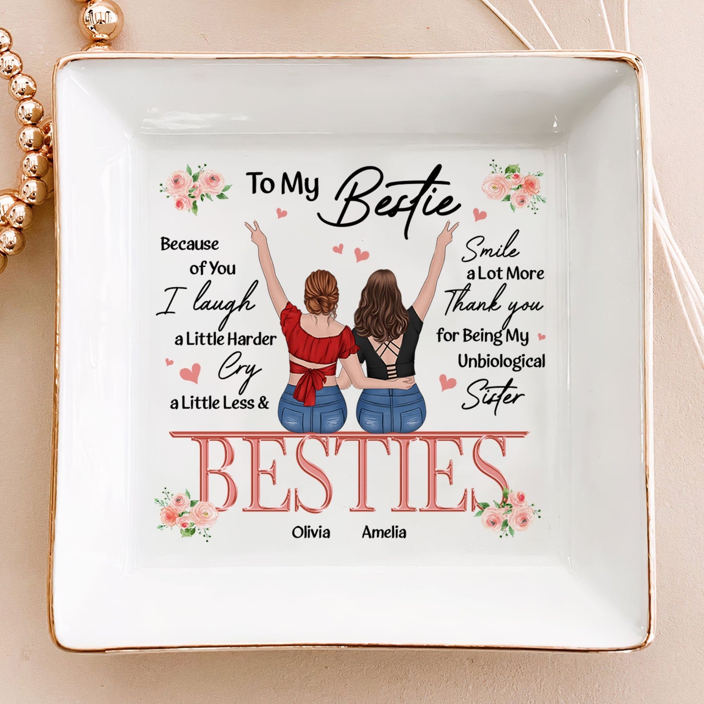friendship thank you i laugh more cry less - jewelry dish for best friends, bffs, sisters, heartfelt gift for women, decorative ceramic ring and earring holder