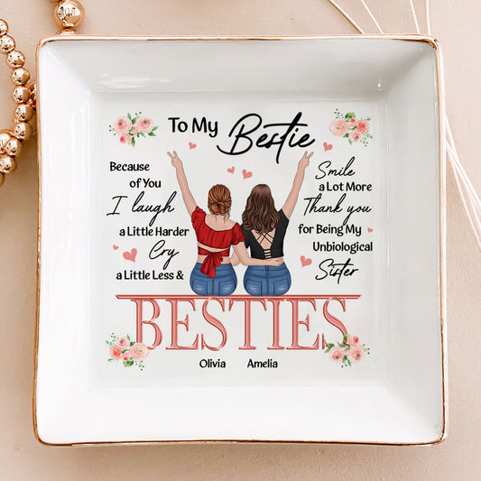 Friendship Thank You I Laugh More Cry Less - Jewelry Dish for Best Friends, BFFs, Sisters, Heartfelt Gift for Women, Decorative Ceramic Ring and Earring Holder