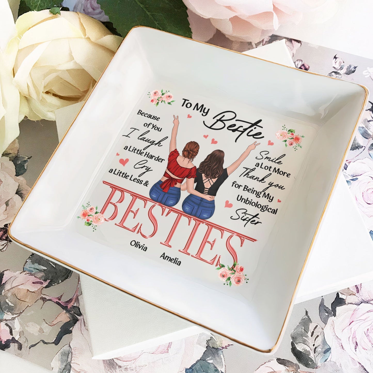 friendship thank you i laugh more cry less - jewelry dish for best friends, bffs, sisters, heartfelt gift for women, decorative ceramic ring and earring holder