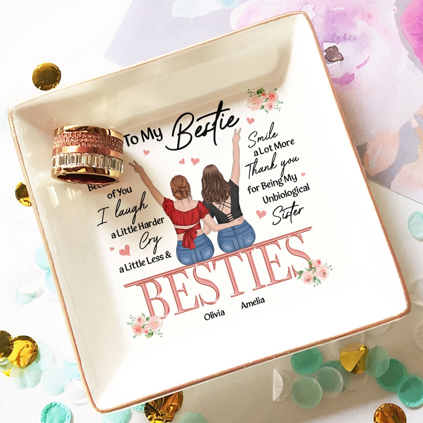 friendship thank you i laugh more cry less - jewelry dish for best friends, bffs, sisters, heartfelt gift for women, decorative ceramic ring and earring holder