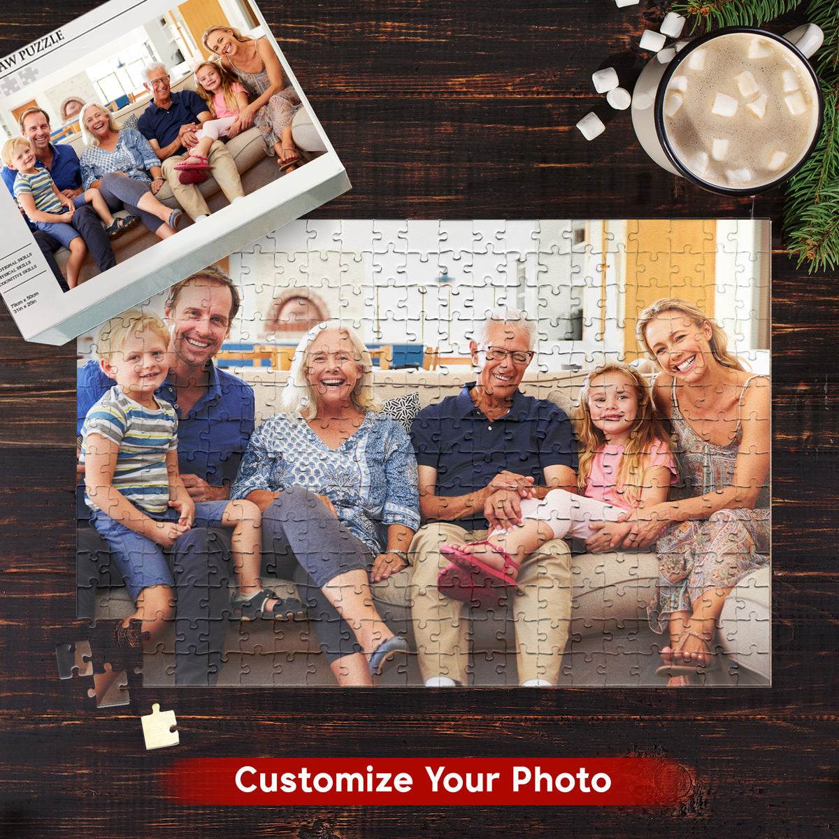 gift for grandparents - personalized photo jigsaw puzzle 200 or 500 pieces, wooden family reunion puzzle for all generations, fun and engaging gift idea