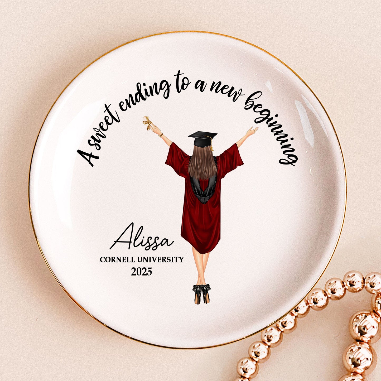 graduation gift a sweet ending to a new beginning - personalized circle jewelry dish for rings and small jewelry