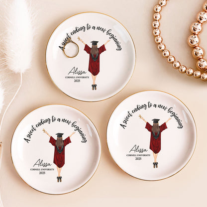 Graduation Gift A Sweet Ending To A New Beginning - Personalized Circle Jewelry Dish for Rings and Small Jewelry