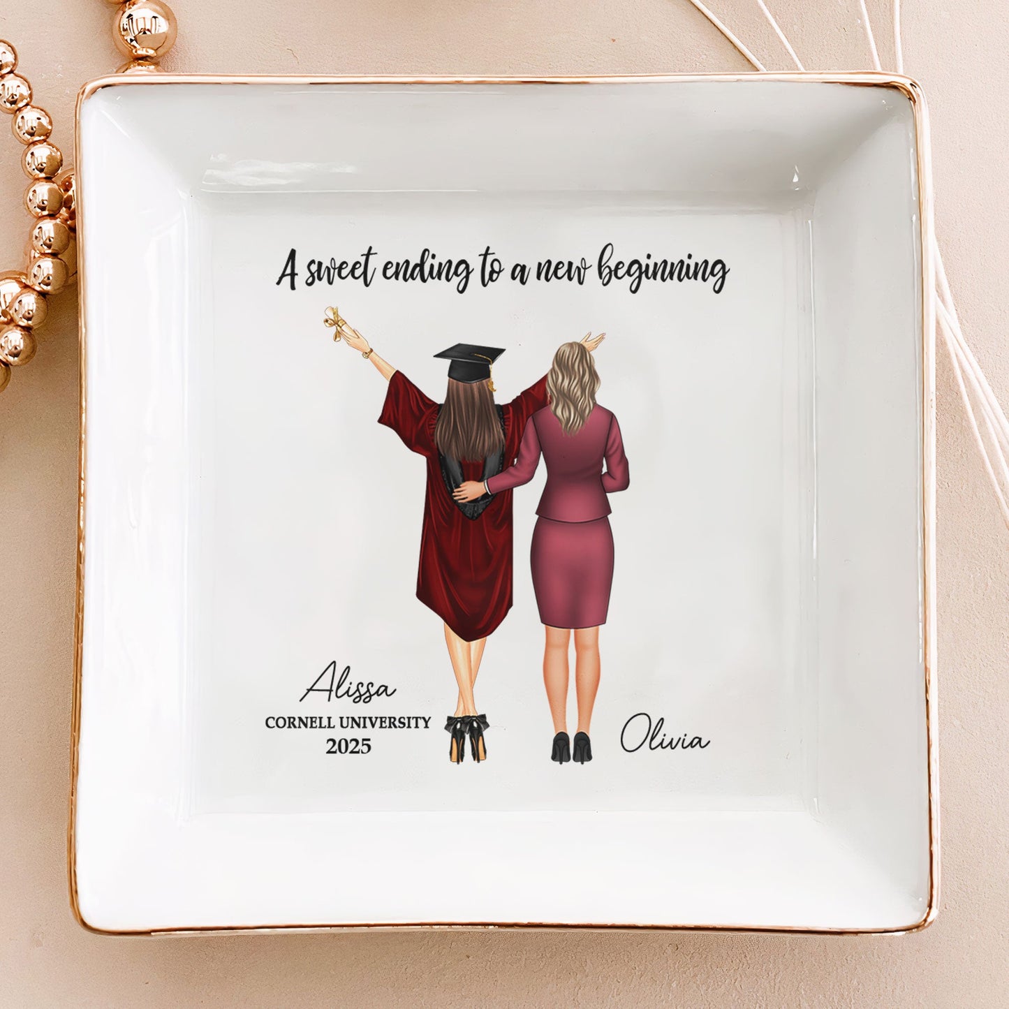 graduation gift a sweet ending to a new beginning personalized jewelry dish for women, elegant keepsake, ceramic ring and earring holder, graduation celebration gift