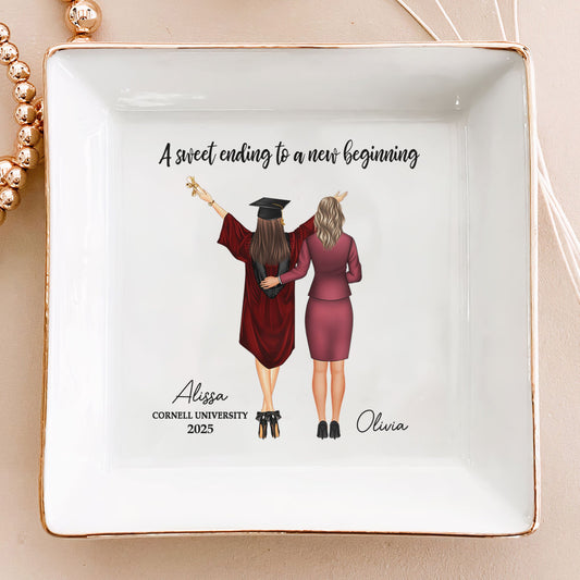 Graduation Gift A Sweet Ending To A New Beginning Personalized Jewelry Dish for Women, Elegant Keepsake, Ceramic Ring and Earring Holder, Graduation Celebration Gift
