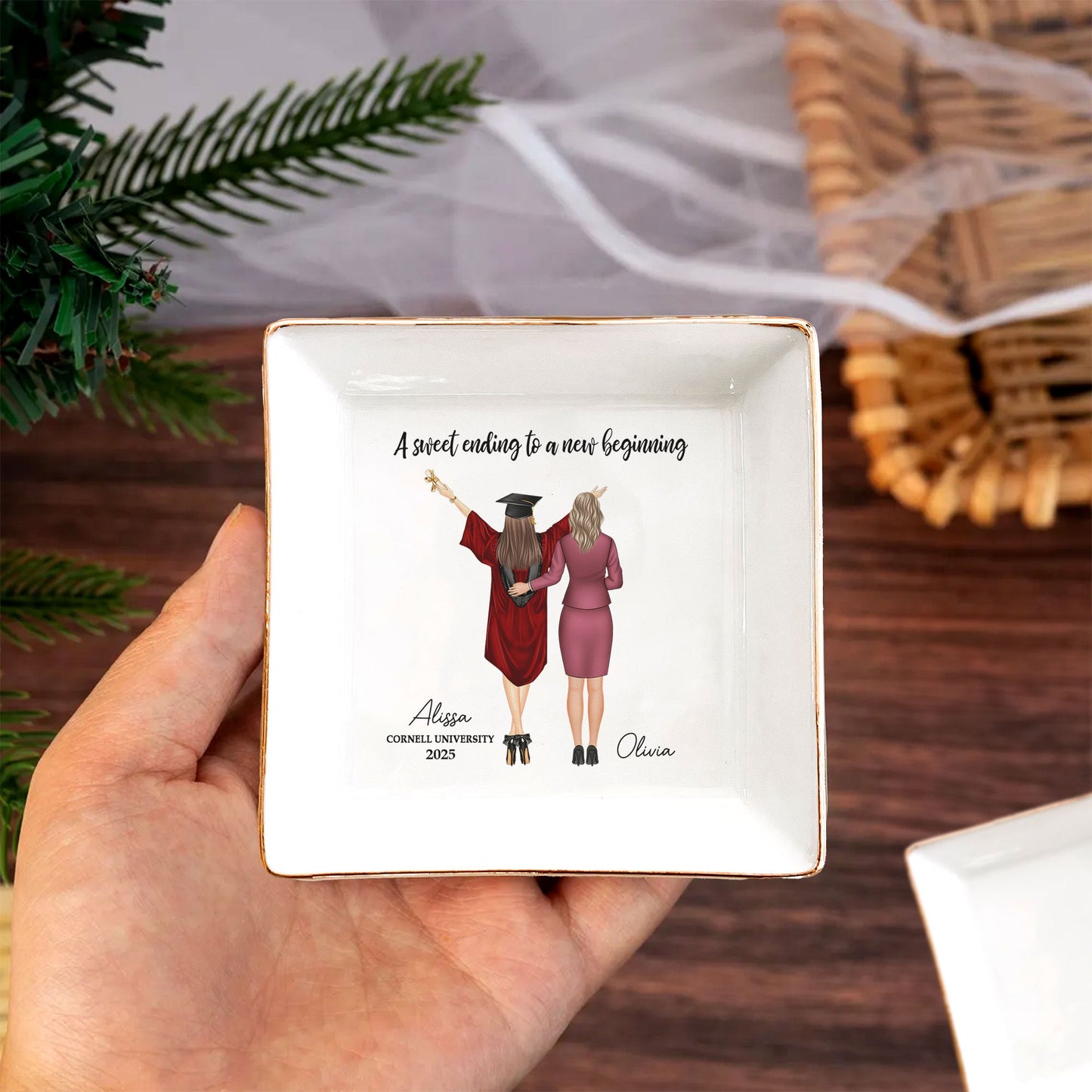 graduation gift a sweet ending to a new beginning personalized jewelry dish for women, elegant keepsake, ceramic ring and earring holder, graduation celebration gift