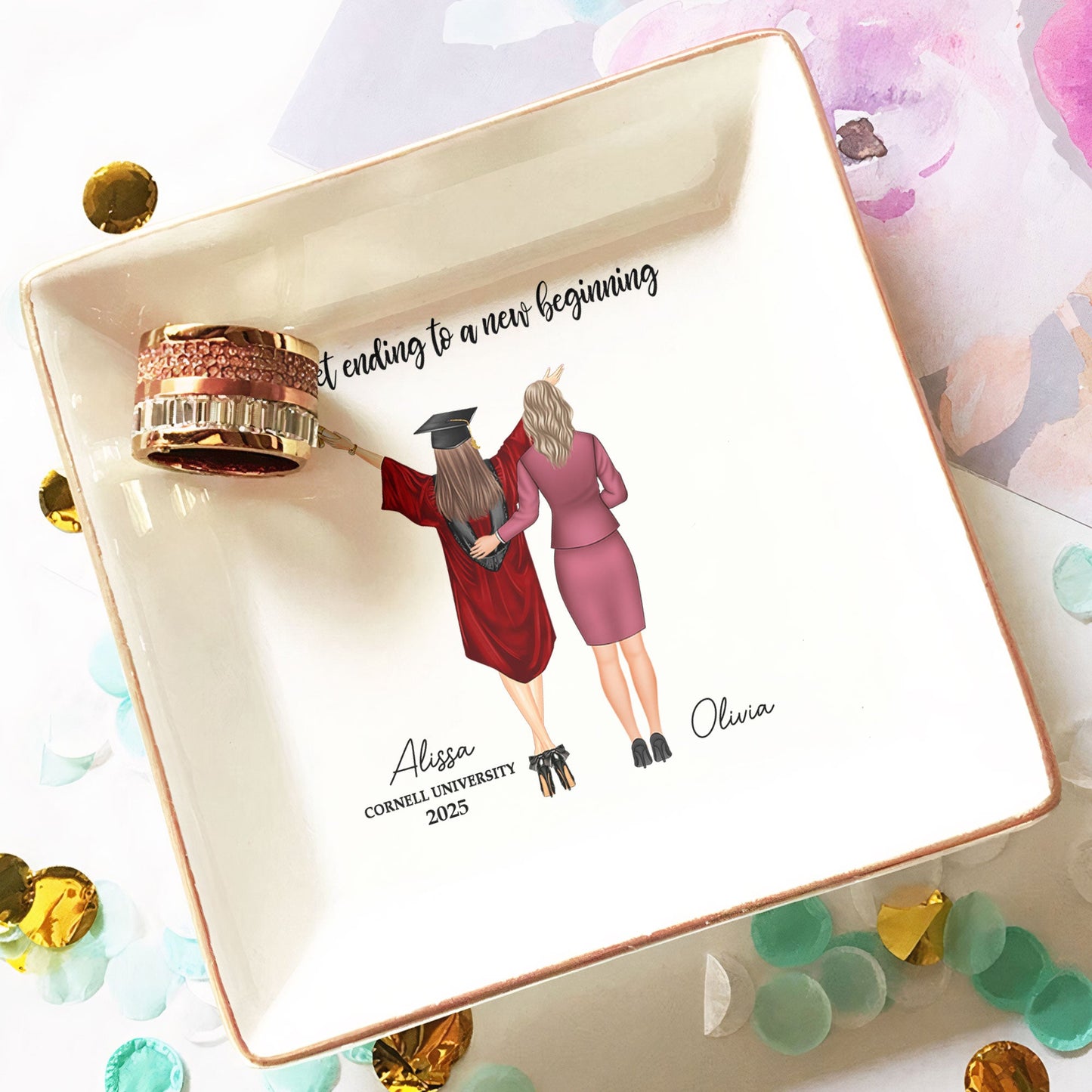 graduation gift a sweet ending to a new beginning personalized jewelry dish for women, elegant keepsake, ceramic ring and earring holder, graduation celebration gift