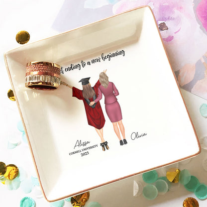 Graduation Gift A Sweet Ending To A New Beginning Personalized Jewelry Dish for Women, Elegant Keepsake, Ceramic Ring and Earring Holder, Graduation Celebration Gift