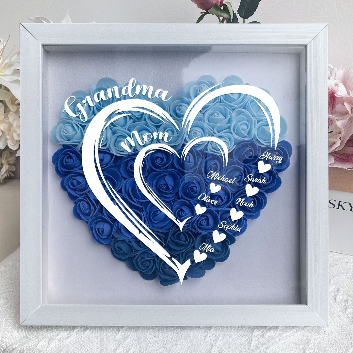 grandma hearts mommy hearts - personalized flower shadow box for mum, eco-friendly keepsake display, ideal gift for mother's day, birthdays and anniversaries