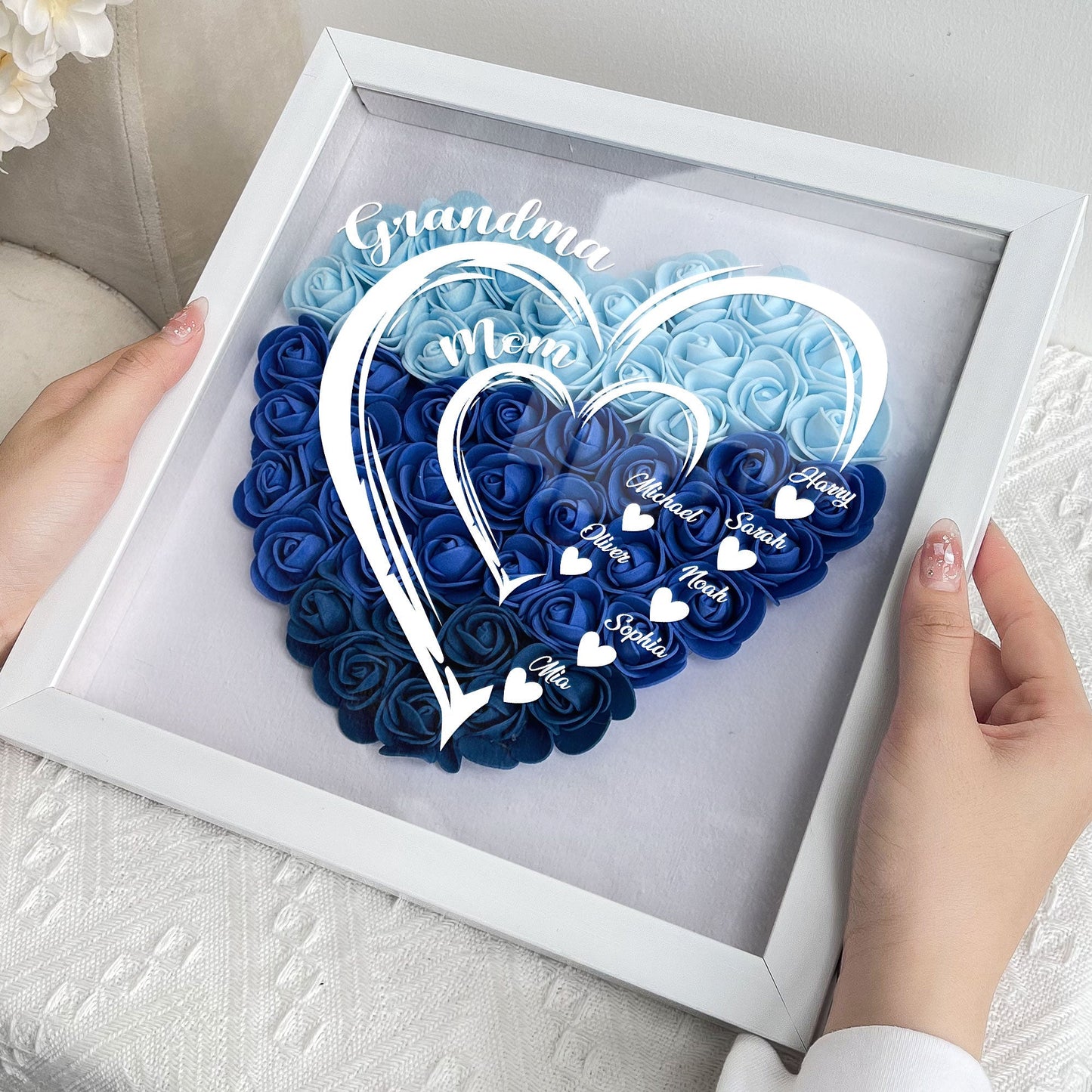 grandma hearts mommy hearts - personalized flower shadow box for mum, eco-friendly keepsake display, ideal gift for mother's day, birthdays and anniversaries