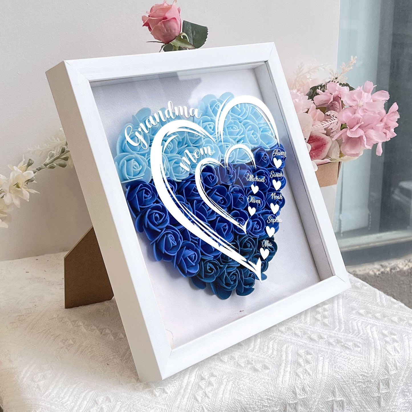 grandma hearts mommy hearts - personalized flower shadow box for mum, eco-friendly keepsake display, ideal gift for mother's day, birthdays and anniversaries